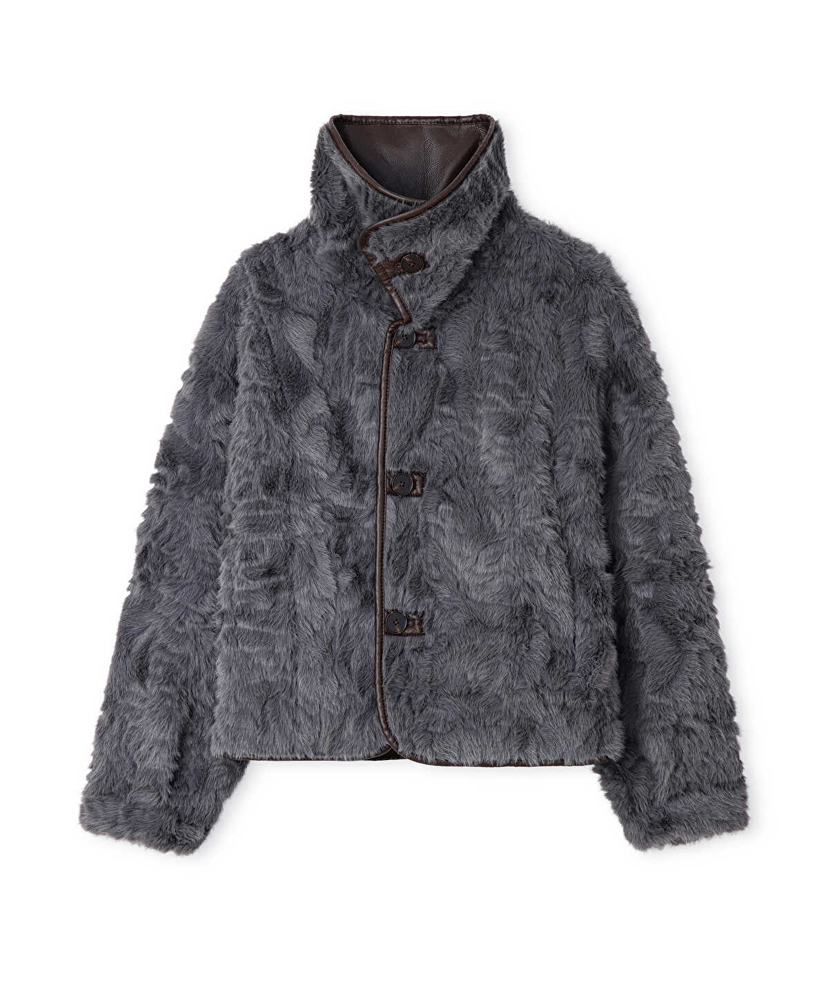 Faux Fur Coat with Leather-Effect Piping