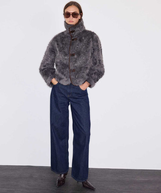 Faux Fur Coat with Leather-Effect Piping