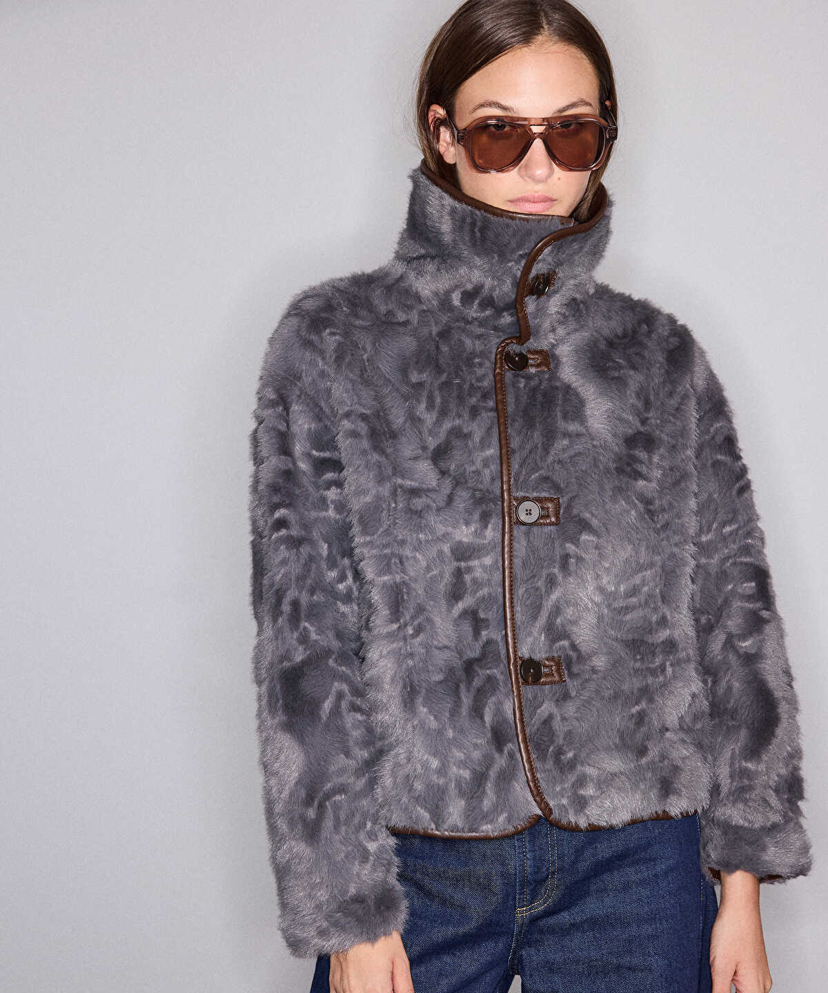 Faux Fur Coat with Leather-Effect Piping