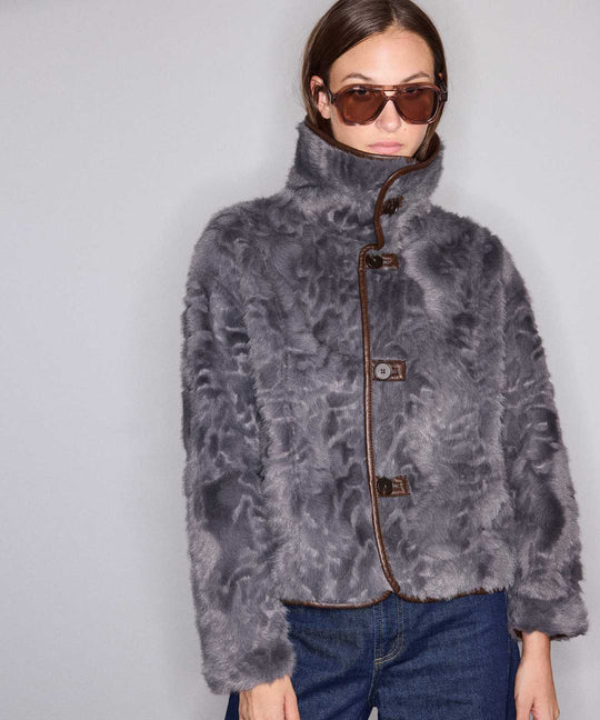Faux Fur Coat with Leather-Effect Piping
