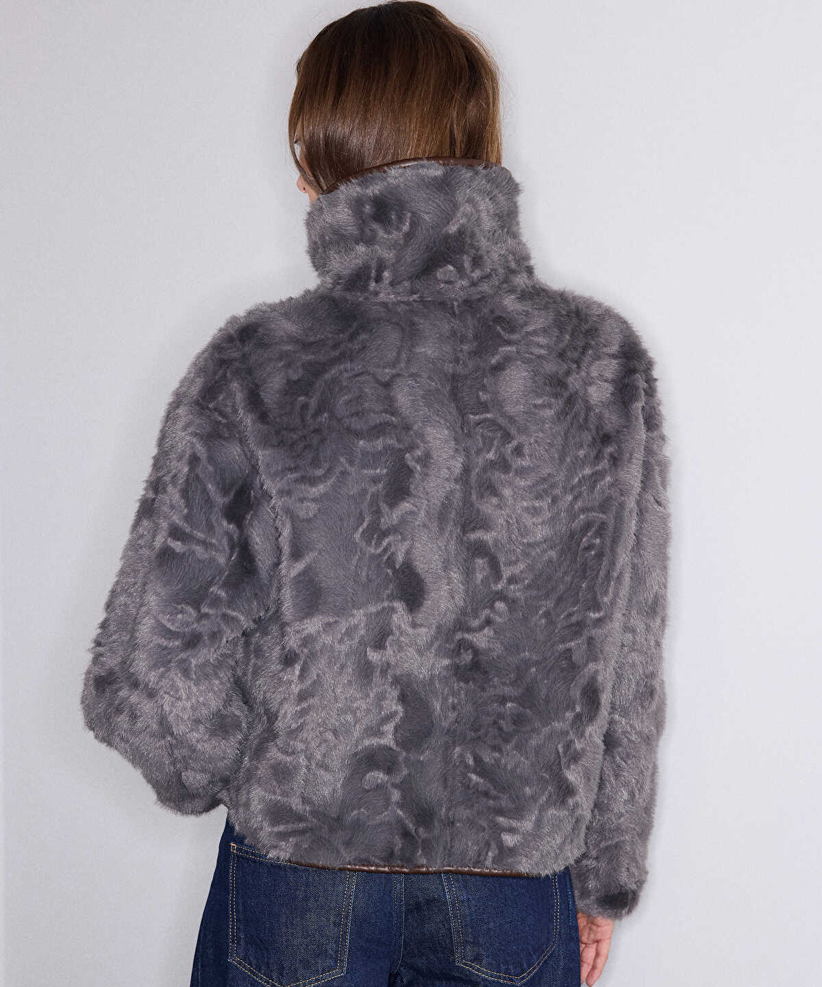 Faux Fur Coat with Leather-Effect Piping