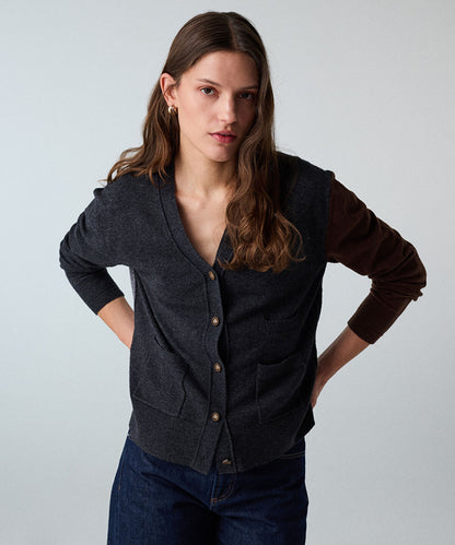 Color-Block Cardigan with Brooch