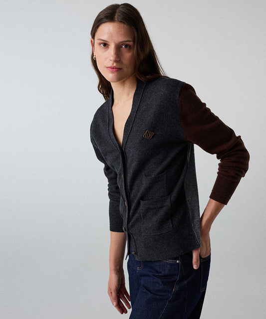 Color-Block Cardigan with Brooch