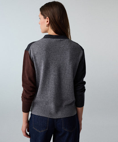 Color-Block Cardigan with Brooch