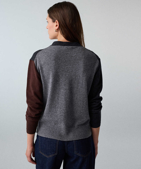 Color-Block Cardigan with Brooch